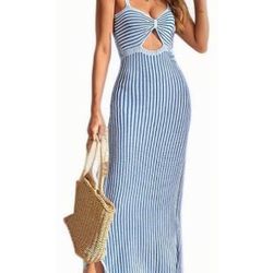 L size Women's Striped Knit Maxi Dress, Blue and White, Sleeveless Cut Out Design, Summer Beach Style