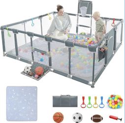 79"x71"Baby Playpen with Mat Indoor＆Outdoor Playpen for Babies and Toddlers with Breathable Play Pen with Ocean Balls Hanging Pocket Basketball Hoop a