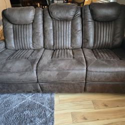 Large Section Brown Sofa with 2 Built in Recliners 