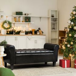 Storage Bench for Bedroom, Rolled Arm Ottoman, Rectangular Leather Upholstered Footrest for Living Room, Black