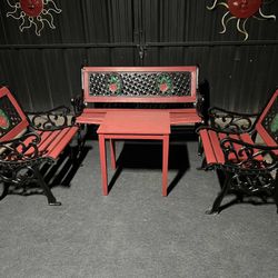 Heavy-Duty Wood/Metal Outdoor Patio Garden Bench w/ 2 Heavy Wood/Metal Chairs & Middle Wood Table