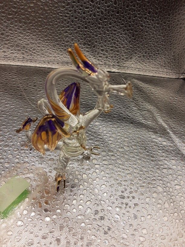 Hand Blown Glass Dragon.  Gold And Purple