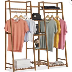 MoNiBloom Bamboo 5 Tiers Trapezoid Coat Rack, Closet Organizer Wardrobe, Hanging Rod, Brown, for Bedroom -  New in Box