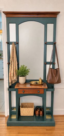 Forest Green & Oak Entryway Hall Tree with Mirror