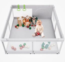 New baby playpen in light grey, size 47 x 47 inches.
