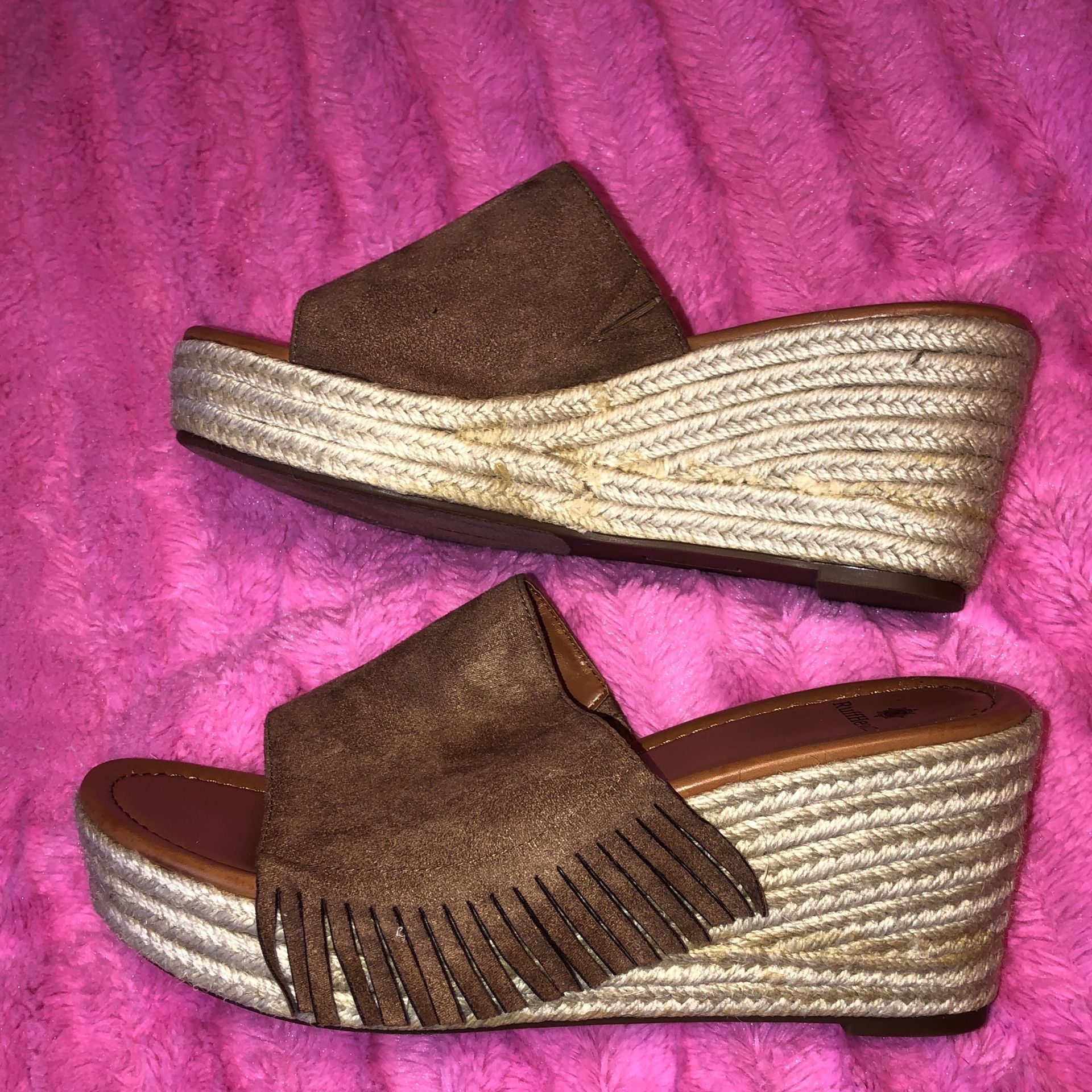 Ruff Hewn size 11 suede fringe straw like wedge sandals