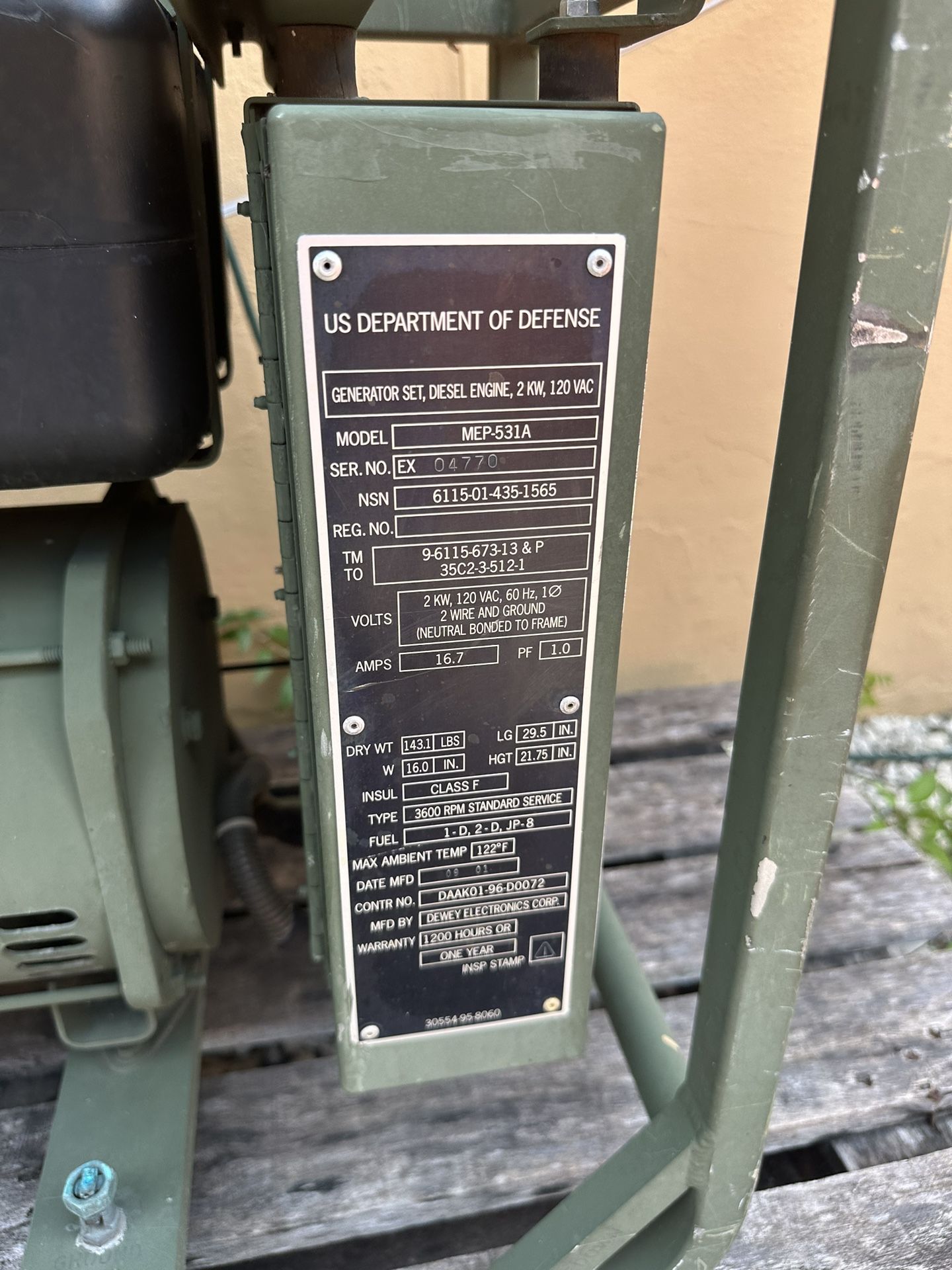 MEP531A Military Diesel Generator 2kW, 120 VAC, 16.7 AMPS - Green