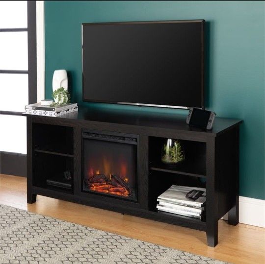 Black 58” Electric Fireplace TV Stand Storage Console 