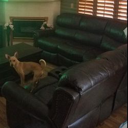 Brown Leather Couch Sectional With Three Recliners, Storage And Cupholders