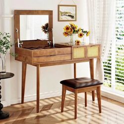Mid Century Modern Flip Top Vanity Desk with Stool