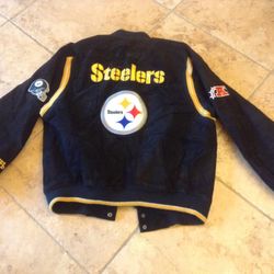 Steelers leather jacket and mug 125.00 BOTH CASH TEXT FOR PRICES. 