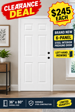 Brand New Clearance 36" x 80" Steel 6-Panel Prehung Interior Door – $245