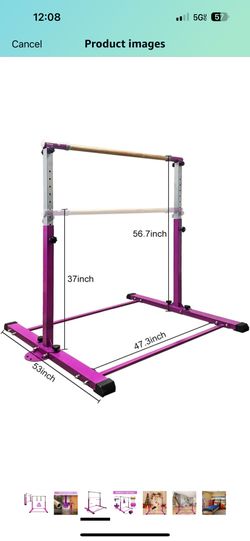 Gymnastic Kip Bar,Kids Girls Junior Ages 3-15,3' to 5' Adjustable Height,Home Gym Equipment,Home Training,1-4 Levels,260lbs Weight Capacity