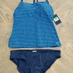 Nike Swimsuit Women’s 2pc Tankini Navy Blue Teal Striped Racer Back Tank Bikini  Size large