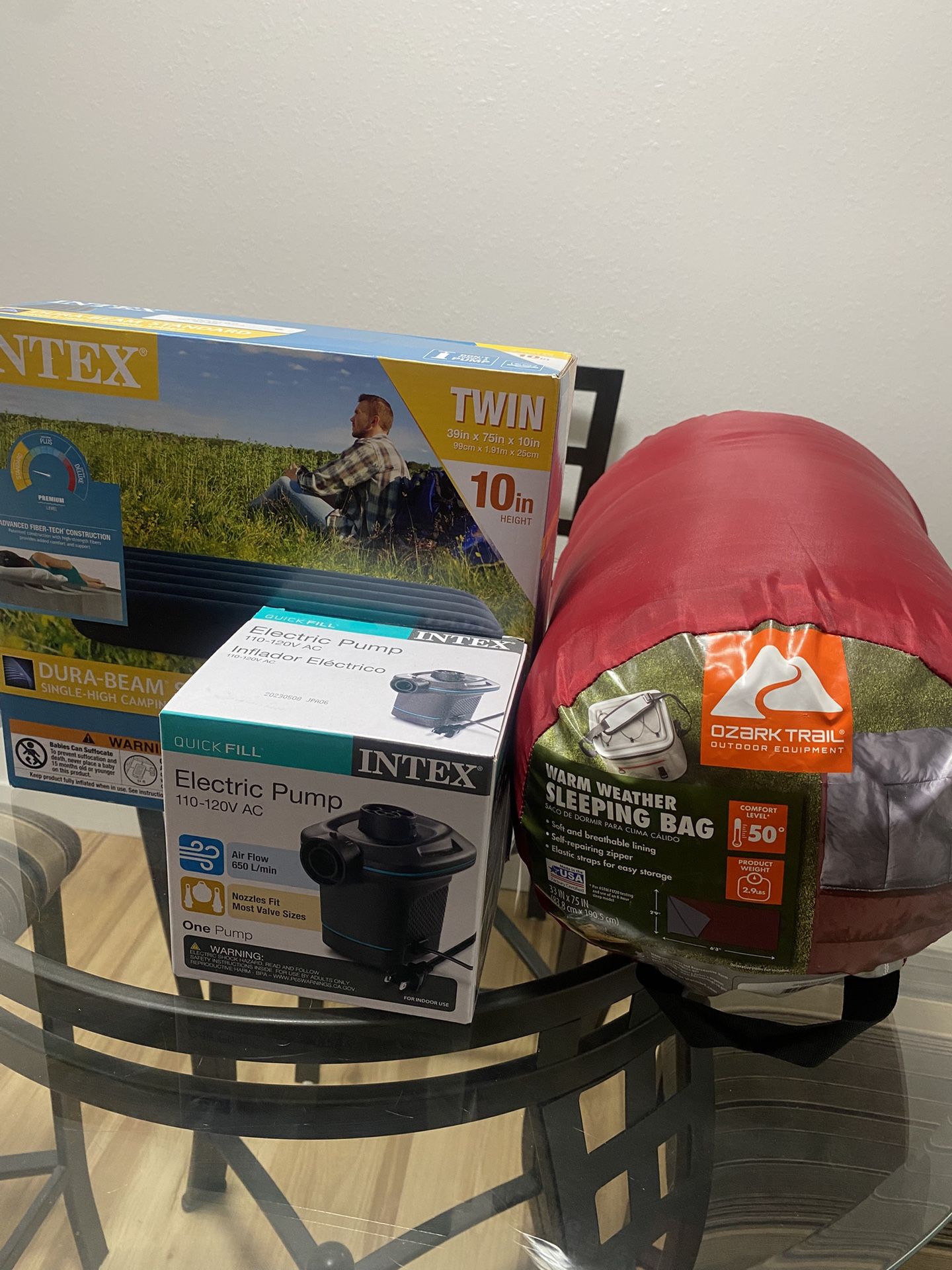 Intex Electric Pump, Intex Twin Air bed And Ozark Trail Sleeping Bag