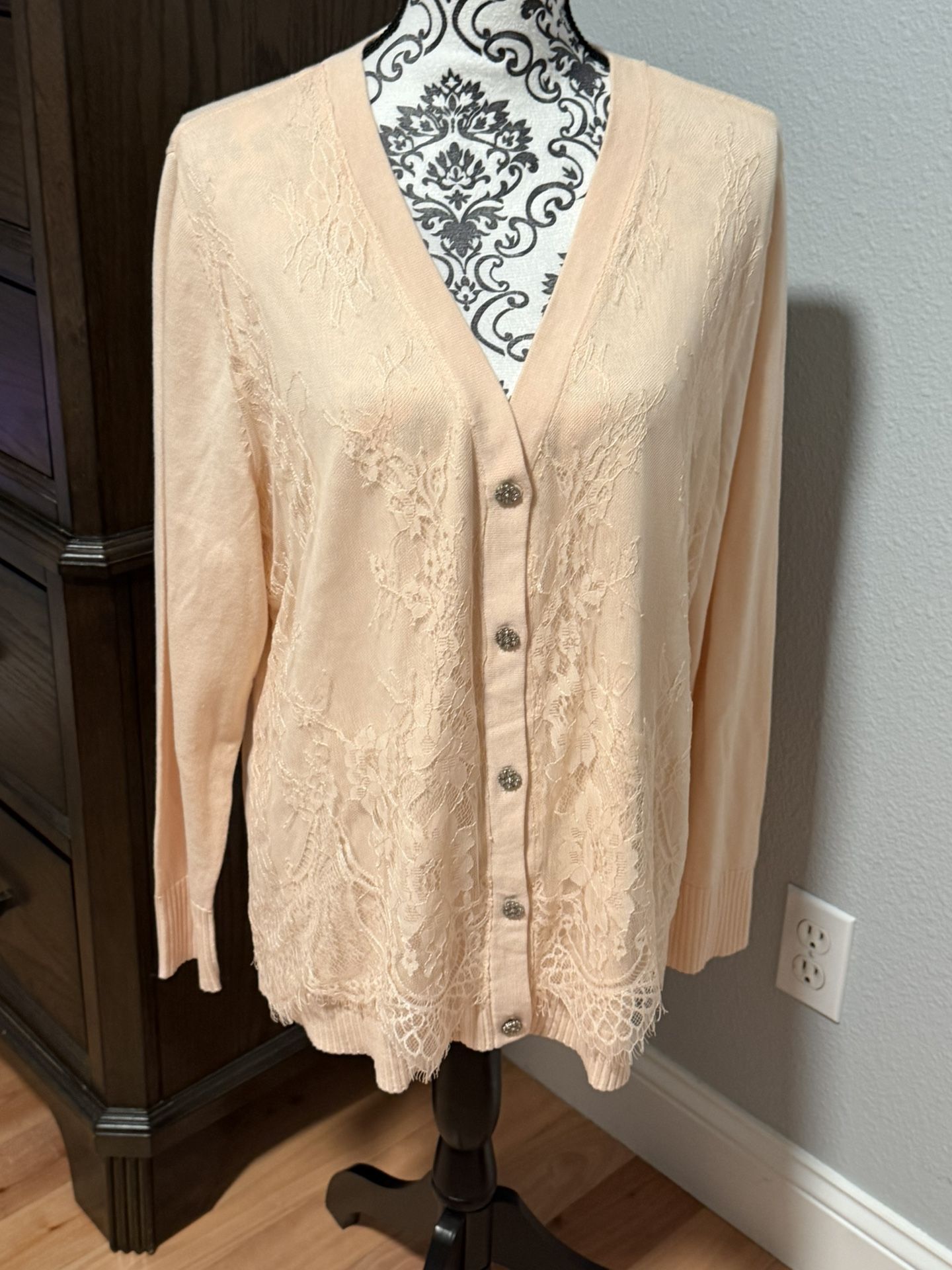 Isaac Mizrahi Button Front Sweater Cardigan w/Lace- Light Pink Color Xl NEW