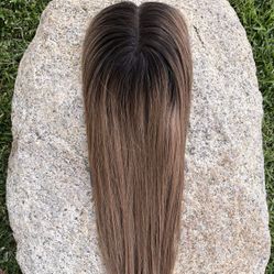 Remy Real Human Hair Topper for Women with Thinning Hair, Clip In Hairpiece, Large Swiss Base, Dark Roots Fading to Medium/Light Brown, 12 Inch *NEW*