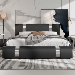 Queen Size Platform Bed Frame With Iron Pieces Decor And Adjustable Headboard