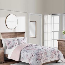 Sunham 3-Piece Pink Blush Gray White Floral Full Queen Comforter Set