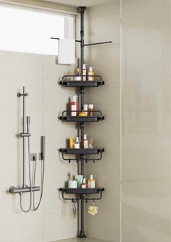 32-122inch Corner Shower Caddy Tension Pole Black, Rustproof Drill-Free Shower Shelves for Bathroom Bathtub Washbasin, Adjustable Shower Organizer wit