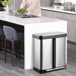 16 Gallon/60 L Dual Compartment Trash Can, Stainless Steel Garbage Can with Soft-Close Lid and 2 Plastic Removable Inner Bucket
