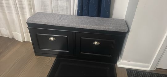 Black Storage Bench with Gray Cushion