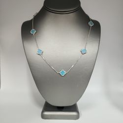 Chic Silver Turquoise Clover Motifs Necklace 21"