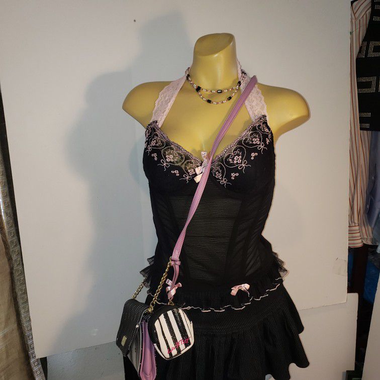 Black & Pink Corset With Stretch Lace Halter