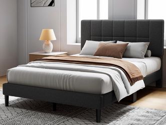 Dark Gray Upholstered Platform Bed Frame & Queen Mattress