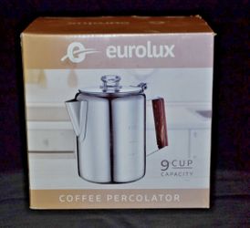Eurolux Coffee Percolator 9 Cup Stainless Steel Wood Handle NEW