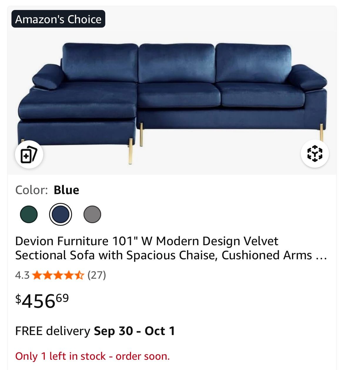 For Sale: Modern Velvet Sectional Sofa (Blue with Gold Legs)