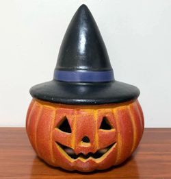 Magic Tea Light Ceramic Orange Pumpkin Jack O Lantern Halloween Porch Decor