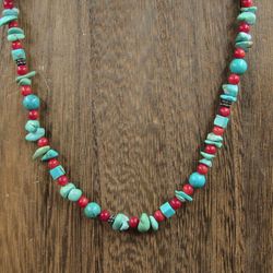 18 Inch Sterling Silver Turquoise Stone And Red Shell Necklace