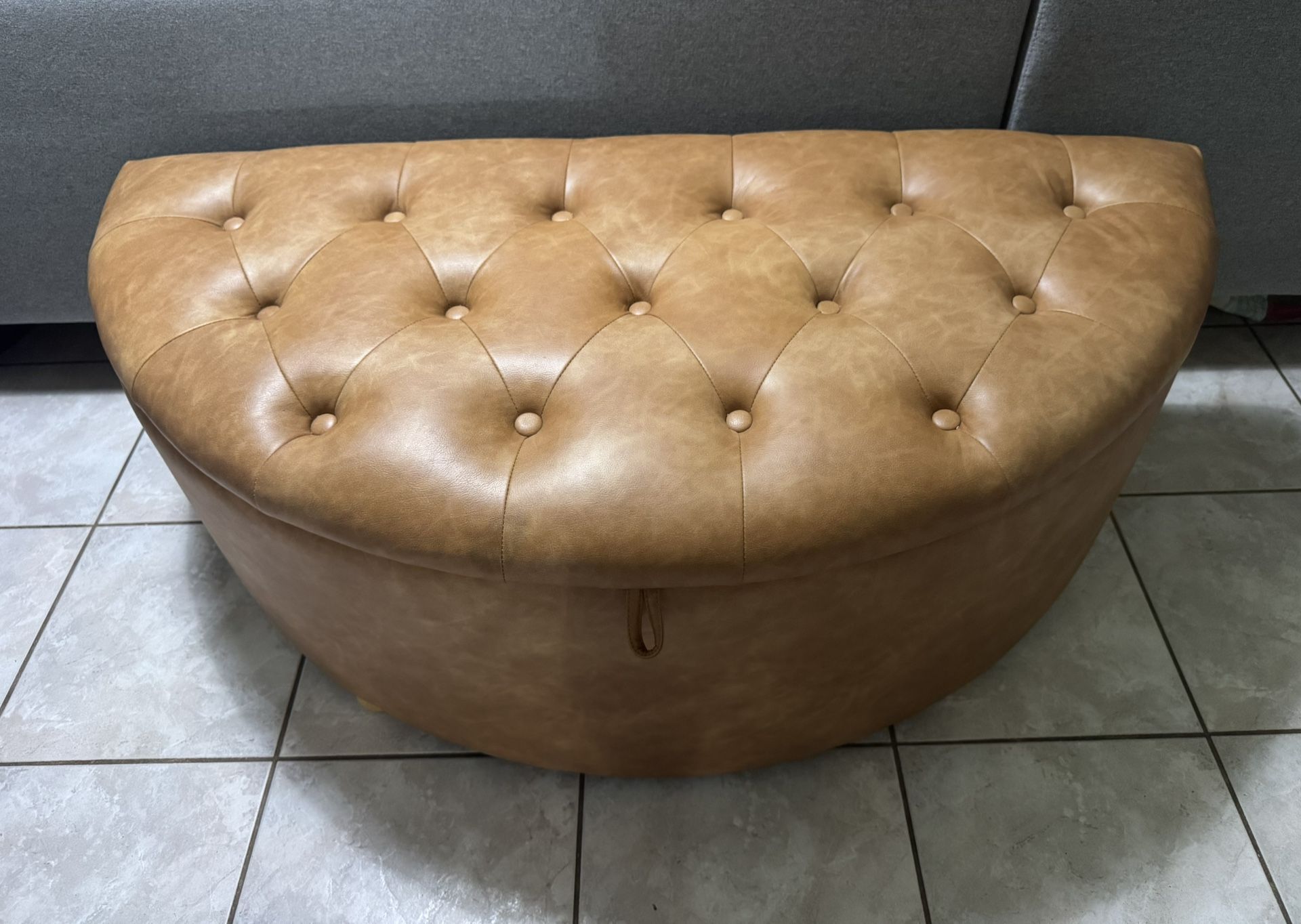 Half-Moon Tufted Storage Ottoman – Light Brown Faux Leather