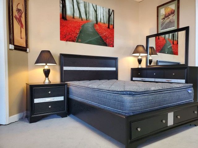 Regata Black Storage Platform Bedroom Set 4 PIECE. Queen bed Frame Dresser Mirror Nightstand