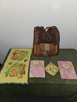 Vintage 1970s Bag With Mushroom Towel Plus Other Items