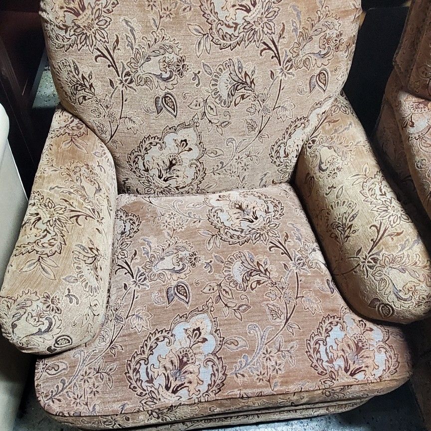 Walter E. Smithe Tan Floral Pattern Vintage Wingback Armchair Set Of 2