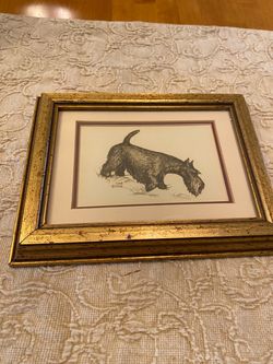 Vintage ink & pencil drawing of Scottie dog in glass & wood frame. Small . 8.5 x 6.5 inch. Signed.