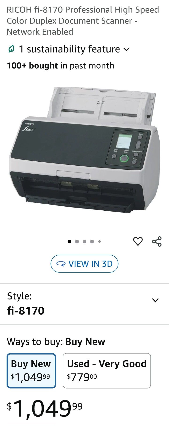 Ricoh Fi-8170 Professional High Speed Color Duplex Image/Document Scanner
