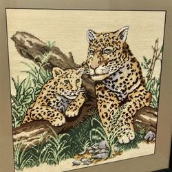 Framed Knitted Wall Art of Leopards Decor 24x24”