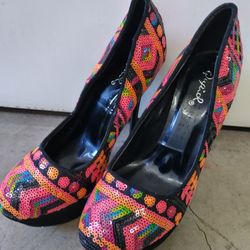 Qupid Sequin Geometric Platform Stiletto Heels - Size 6.5
