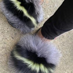 Yellow Thunder Real Fur Custom Slides Sizes 7.5,8,8.5,9.5,10 Message True Size & Order