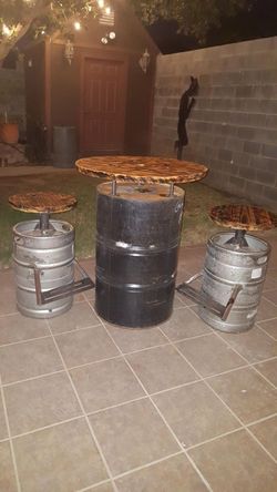 55 gll drum table & beer keg stools