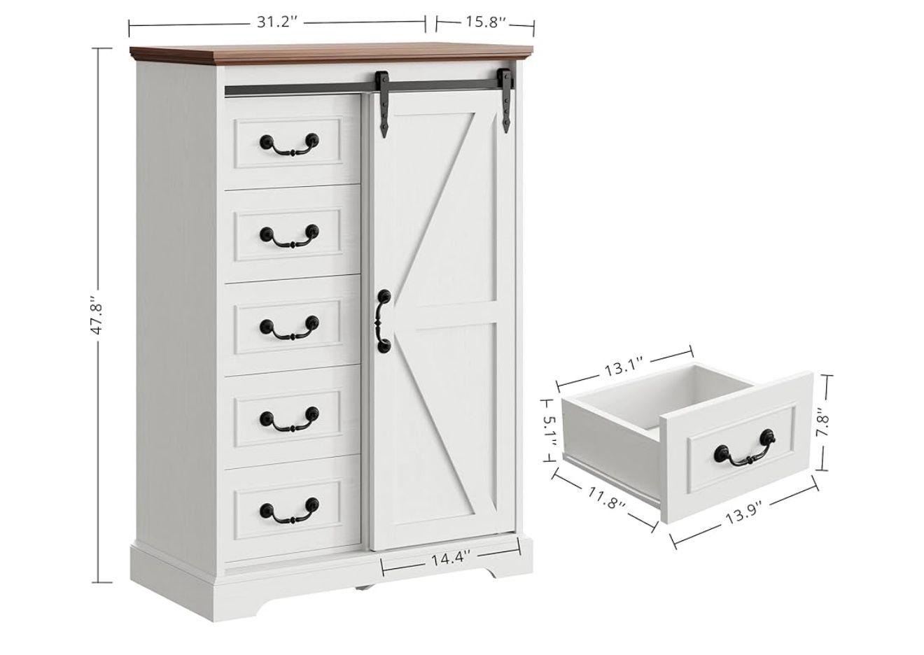 IRONCK 5 Drawers Dressers for Bedroom, Farmhouse Dresser Chest of Drawer with Sliding Barn Door,48” Tall Dresser Storage Organizer for Living Room, En