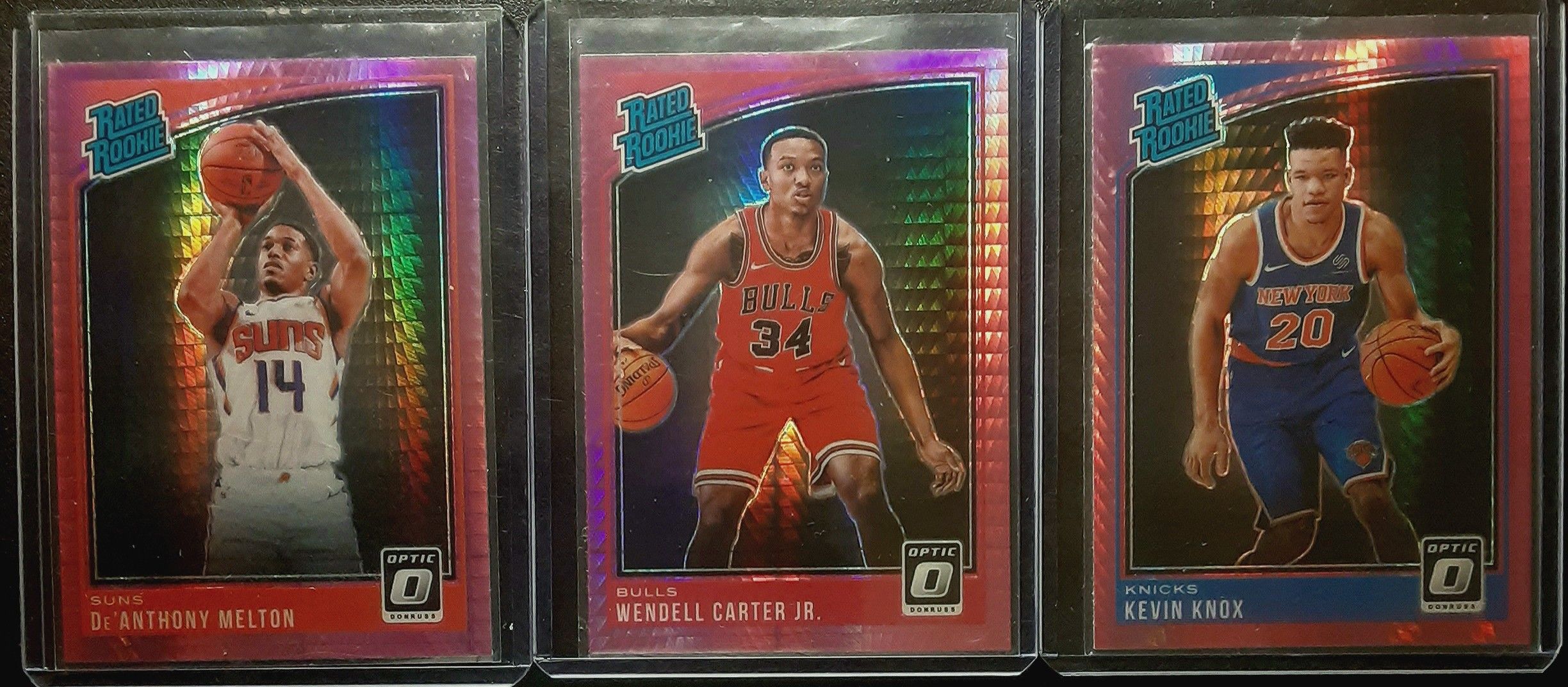 LOT OF 3! WENDELL CARTER JR., KEVIN KNOX. D'ANTHONY MELTON CHICAGO BULLS, NEW YORK KNICKS, 2018-19 Donruss Optic Hyper Pink Rated Rookie.