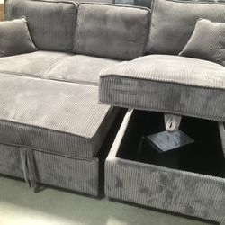 New Convertible Sofa Bed STORAGE CHAISE Pull Out Bed Cup Holder 