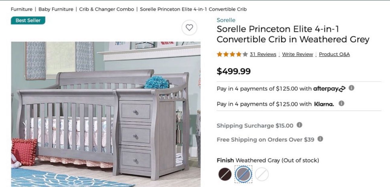 FREE: Sorelle Princeton elite 4-in-1 Convertible Crib With Changer - weathered grey