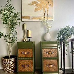 1920's Moody green Art deco waterfall nightstands with walnut and gold accents 