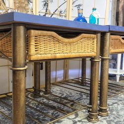 Stunning Coastal Blue Refinished & Distressed End Tables With Metal Legs And Rattan Drawers