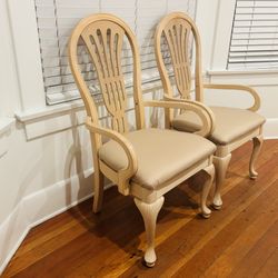 2 Upholstered Seat Arm Chairs Pair Solid Wood Cream Beige Color Dining Living Room Bedroom Kitchen Hallway Entry Hall Bed Entryway Antique Shield Back